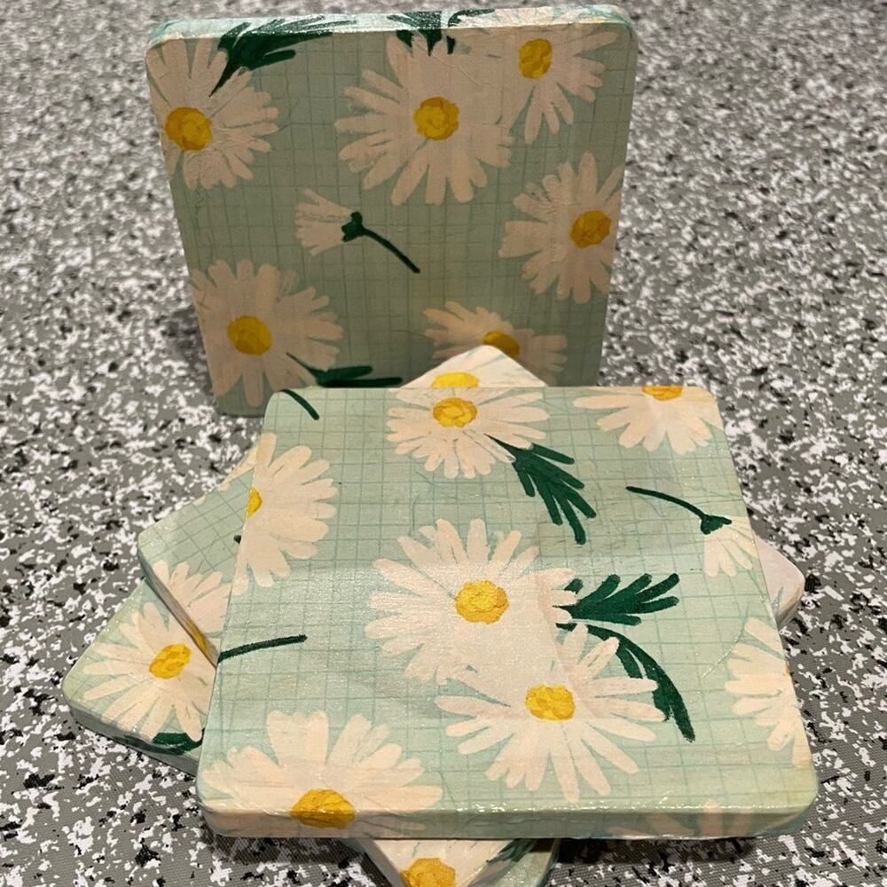 Floral Drink Coasters Set White Daisies Green Background 4” Square